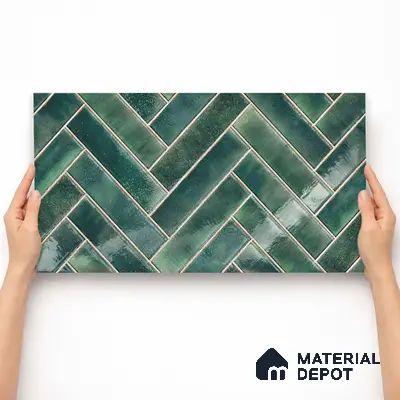 Faux Subway Wall Tile TL 11683 F Forest Herringbone 2 ft x 1 ft Ceramic Glossy Finish Tile - 9 mm | Suitable For Bathroom, Balcony & Kitchen Backsplash