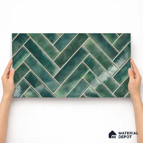 Faux Subway Wall Tile TL 11683 F Forest Herringbone 2 ft x 1 ft Ceramic Glossy Finish Tile - 9 mm | Suitable For Bathroom, Balcony & Kitchen Backsplash