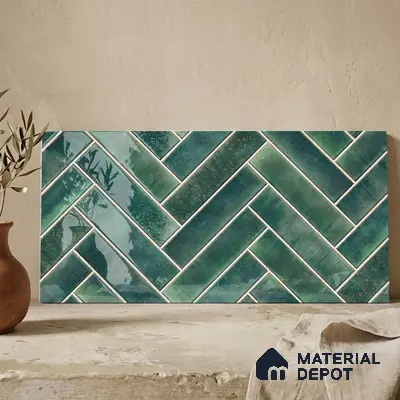 Faux Subway Wall Tile TL 11683 F Forest Herringbone 2 ft x 1 ft Ceramic Glossy Finish Tile - 9 mm | Suitable For Bathroom, Balcony & Kitchen Backsplash