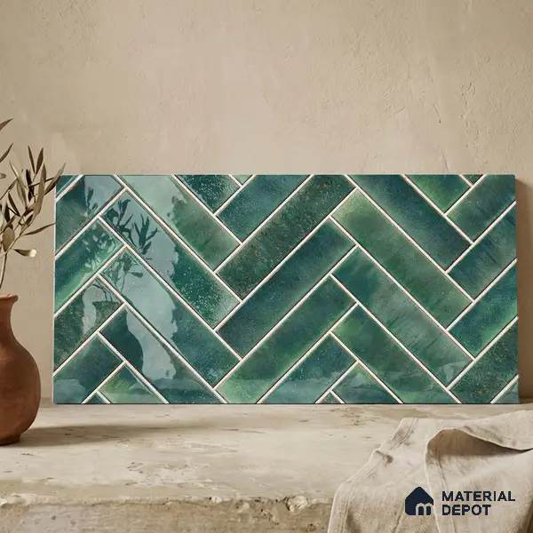 Faux Subway Wall Tile TL 11683 F Forest Herringbone 2 ft x 1 ft Ceramic Glossy Finish Tile - 9 mm | Suitable For Bathroom, Balcony & Kitchen Backsplash