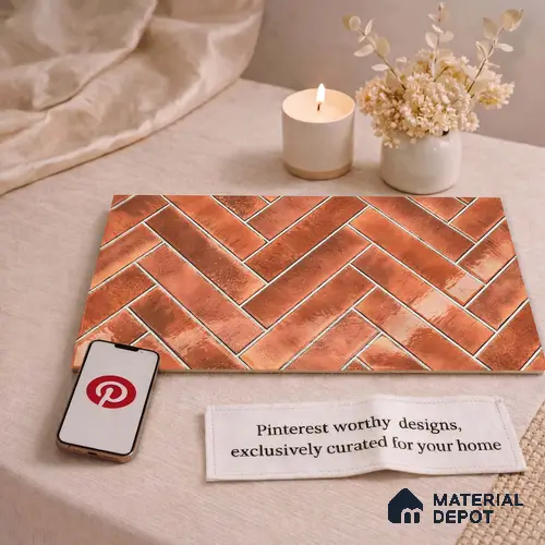 Faux Subway Wall Tile TL 11683 G Terracotta Herringbone 2 ft x 1 ft Ceramic Glossy Finish Tile - 9 mm | Suitable For Bathroom, Balcony & Kitchen Backsplash