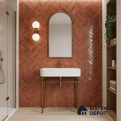 Faux Subway Wall Tile TL 11683 G Terracotta Herringbone 2 ft x 1 ft Ceramic Glossy Finish Tile - 9 mm | Suitable For Bathroom, Balcony & Kitchen Backsplash