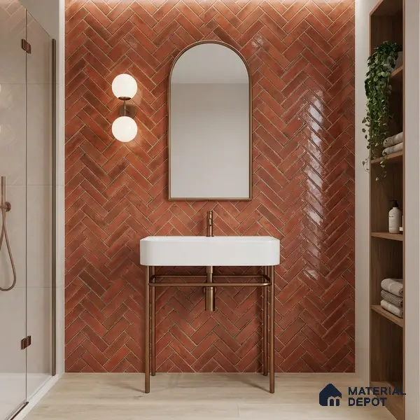 Faux Subway Wall Tile TL 11683 G Terracotta Herringbone 2 ft x 1 ft Ceramic Glossy Finish Tile - 9 mm | Suitable For Bathroom, Balcony & Kitchen Backsplash