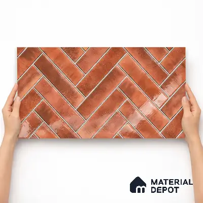 Faux Subway Wall Tile TL 11683 G Terracotta Herringbone 2 ft x 1 ft Ceramic Glossy Finish Tile - 9 mm | Suitable For Bathroom, Balcony & Kitchen Backsplash