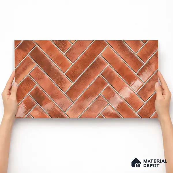 Faux Subway Wall Tile TL 11683 G Terracotta Herringbone 2 ft x 1 ft Ceramic Glossy Finish Tile - 9 mm | Suitable For Bathroom, Balcony & Kitchen Backsplash