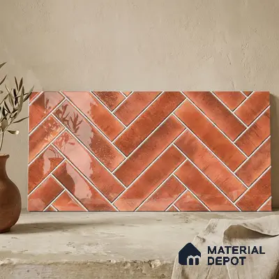 Faux Subway Wall Tile TL 11683 G Terracotta Herringbone 2 ft x 1 ft Ceramic Glossy Finish Tile - 9 mm | Suitable For Bathroom, Balcony & Kitchen Backsplash