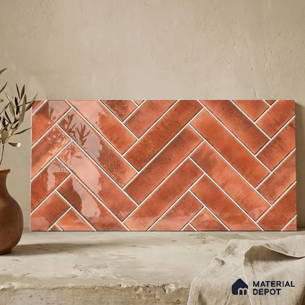 Faux Subway Wall Tile TL 11683 G Terracotta Herringbone 2 ft x 1 ft Ceramic Glossy Finish Tile - 9 mm | Suitable For Bathroom, Balcony & Kitchen Backsplash