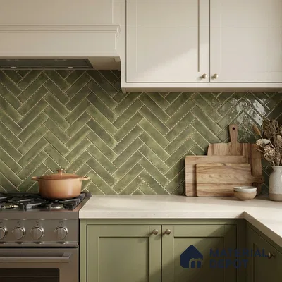 Faux Subway Wall Tile TL 11683 H Verdant Herringbone 2 ft x 1 ft Ceramic Glossy Finish Tile - 9 mm | Suitable For Bathroom, Basin Area, Kitchen Backsplash