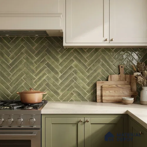 Faux Subway Wall Tile TL 11683 H Verdant Herringbone 2 ft x 1 ft Ceramic Glossy Finish Tile - 9 mm | Suitable For Bathroom, Balcony & Kitchen Backsplash