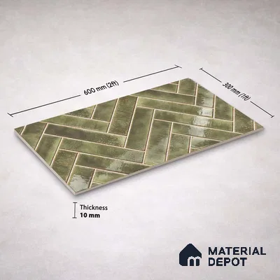Faux Subway Wall Tile TL 11683 H Verdant Herringbone 2 ft x 1 ft Ceramic Glossy Finish Tile - 9 mm | Suitable For Bathroom, Basin Area, Kitchen Backsplash