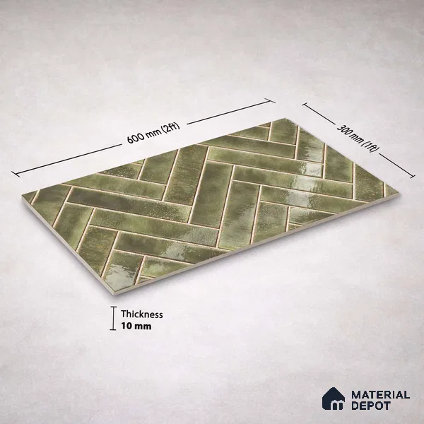 Faux Subway Wall Tile TL 11683 H Verdant Herringbone 2 ft x 1 ft Ceramic Glossy Finish Tile - 9 mm | Suitable For Bathroom, Basin Area, Kitchen Backsplash