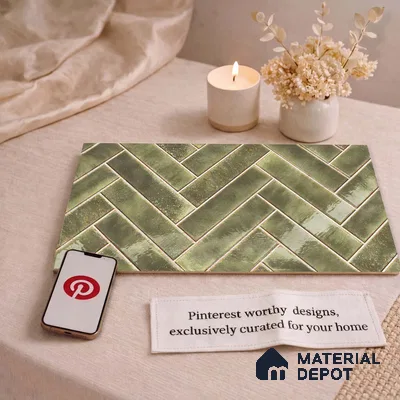 Faux Subway Wall Tile TL 11683 H Verdant Herringbone 2 ft x 1 ft Ceramic Glossy Finish Tile - 9 mm | Suitable For Bathroom, Basin Area, Kitchen Backsplash