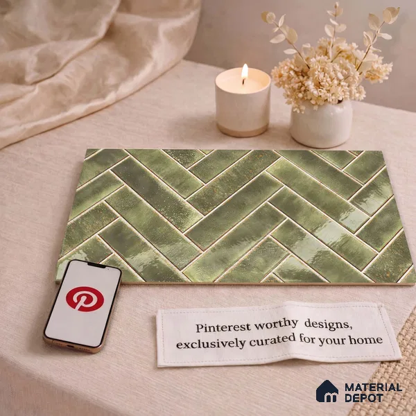 Faux Subway Wall Tile TL 11683 H Verdant Herringbone 2 ft x 1 ft Ceramic Glossy Finish Tile - 9 mm | Suitable For Bathroom, Basin Area, Kitchen Backsplash