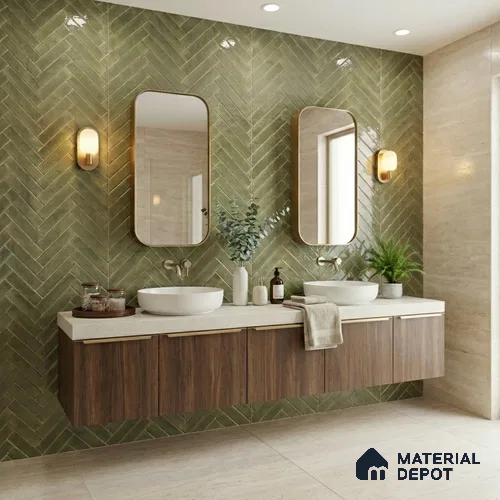 Faux Subway Wall Tile TL 11683 H Verdant Herringbone 2 ft x 1 ft Ceramic Glossy Finish Tile - 9 mm | Suitable For Bathroom, Balcony & Kitchen Backsplash