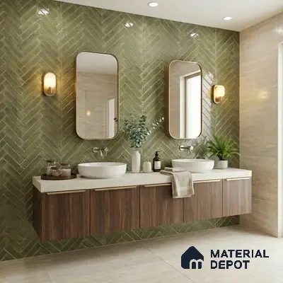 Modern bathroom walkthrough with olive green herringbone wall tiles and walnut wood laminate floating vanity