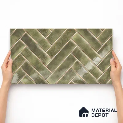 Faux Subway Wall Tile TL 11683 H Verdant Herringbone 2 ft x 1 ft Ceramic Glossy Finish Tile - 9 mm | Suitable For Bathroom, Basin Area, Kitchen Backsplash