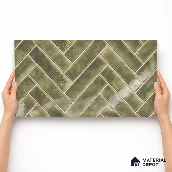 Faux Subway Wall Tile TL 11683 H Verdant Herringbone 2 ft x 1 ft Ceramic Glossy Finish Tile - 9 mm | Suitable For Bathroom, Basin Area, Kitchen Backsplash