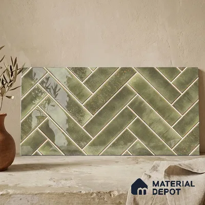 Faux Subway Wall Tile TL 11683 H Verdant Herringbone 2 ft x 1 ft Ceramic Glossy Finish Tile - 9 mm | Suitable For Bathroom, Basin Area, Kitchen Backsplash