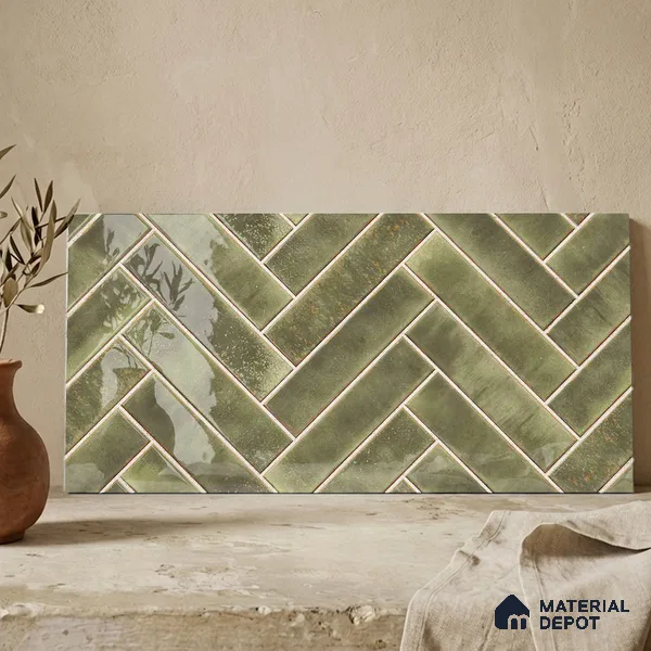 Faux Subway Wall Tile TL 11683 H Verdant Herringbone 2 ft x 1 ft Ceramic Glossy Finish Tile - 9 mm | Suitable For Bathroom, Basin Area, Kitchen Backsplash