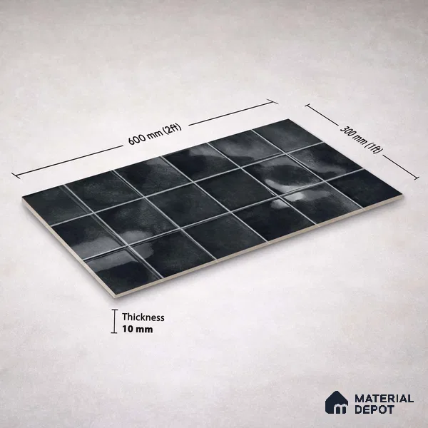 Faux Subway Wall Tile TL 11251 Noir Forge 2 ft x 1 ft Ceramic Glossy Finish Tile - 9 mm | Suitable For Bathroom, Basin Area, Kitchen Backsplash
