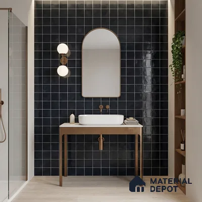 Minimalist bathroom walkthrough with glossy black square wall tiles and light wood flooring