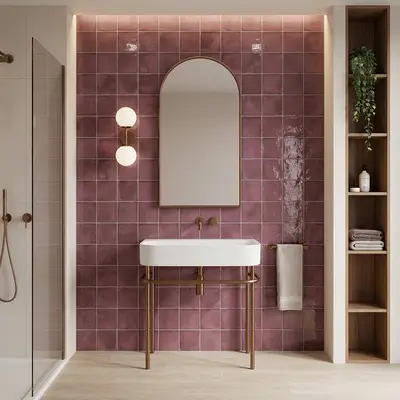 Modern kitchen walkthrough with mauve square wall tiles, matte mauve laminate cabinets, and white quartz countertop