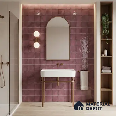 Modern kitchen walkthrough with mauve square wall tiles, matte mauve laminate cabinets, and white quartz countertop