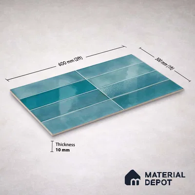 Faux Subway Wall Tile TL 11227 Azure Drift 2 ft x 1 ft Ceramic Glossy Finish Tile - 9 mm | Suitable For Bathroom, Dining Area, Kitchen Backsplash