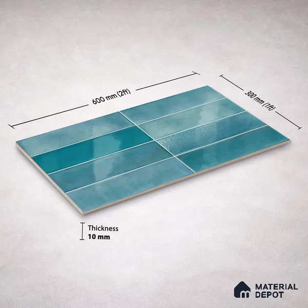Faux Subway Wall Tile TL 11227 Azure Drift 2 ft x 1 ft Ceramic Glossy Finish Tile - 9 mm | Suitable For Bathroom, Dining Area, Kitchen Backsplash