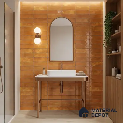 Modern bathroom walkthrough with terracotta subway wall tiles and light wood laminate shelving