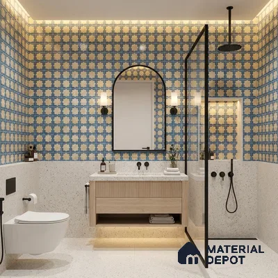Patterned Wall Tile TL 11271 Azure Medina 2 ft x 1 ft Ceramic Granulla Finish Tile - 9 mm | Suitable For Bathroom, Balcony & Kitchen Backsplash