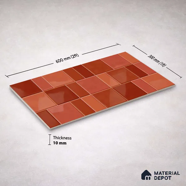 Faux Subway Wall Tile TL 11236 Terracotta Patch 2 ft x 1 ft Ceramic Glossy Finish Tile - 9 mm | Suitable For Bathroom, Basin Area, Kitchen Backsplash