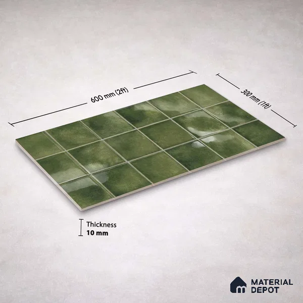 Faux Subway Wall Tile TL 11258 Verdant Mist 2 ft x 1 ft Ceramic Glossy Finish Tile - 9 mm | Suitable For Bathroom, Basin Area, Kitchen Backsplash
