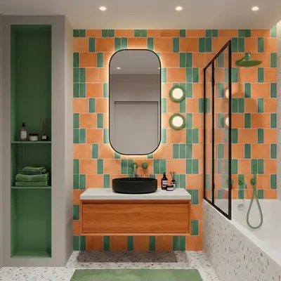 Scandinavian kitchen walkthrough with terracotta and green backsplash tiles, dark stone countertop, and wood cabinets