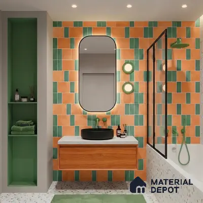 Scandinavian kitchen walkthrough with terracotta and green backsplash tiles, dark stone countertop, and wood cabinets