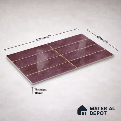 Faux Subway Wall Tile TL 11233 Aubergine Patina 2 ft x 1 ft Ceramic Glossy Finish Tile - 9 mm | Suitable For Bathroom, Dining Area, Kitchen Backsplash
