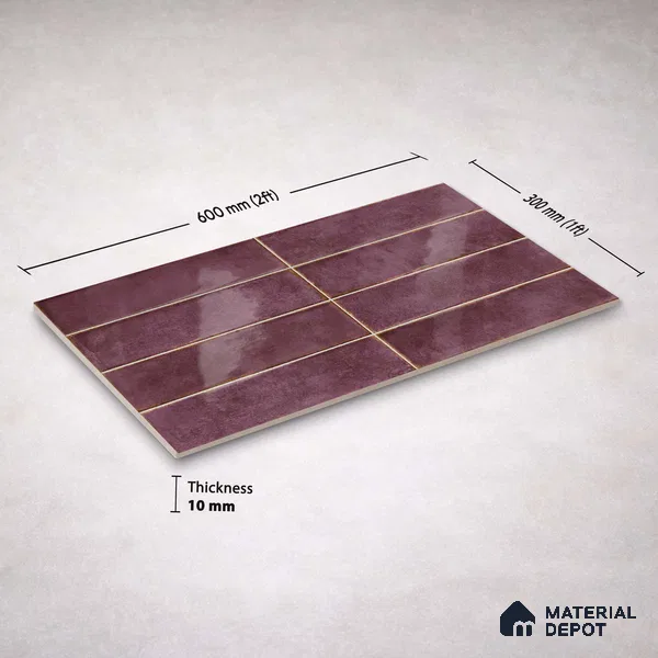 Faux Subway Wall Tile TL 11233 Aubergine Patina 2 ft x 1 ft Ceramic Glossy Finish Tile - 9 mm | Suitable For Bathroom, Dining Area, Kitchen Backsplash