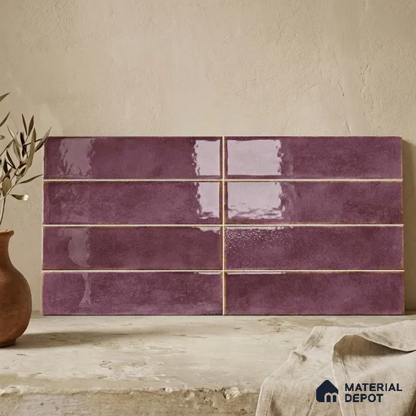 Faux Subway Wall Tile TL 11233 Aubergine Patina 2 ft x 1 ft Ceramic Glossy Finish Tile - 9 mm | Suitable For Bathroom, Dining Area, Kitchen Backsplash