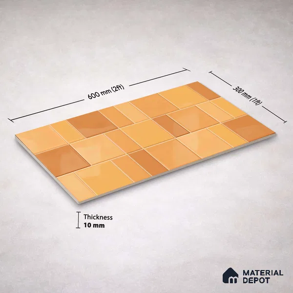 Faux Subway Wall Tile TL 11238 Amber Patchwork 2 ft x 1 ft Ceramic Glossy Finish Tile - 9 mm | Suitable For Bathroom, Balcony & Kitchen Backsplash (Sample)