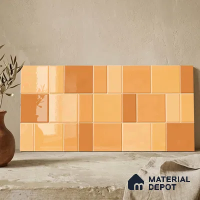 Faux Subway Wall Tile TL 11238 Amber Patchwork 2 ft x 1 ft Ceramic Glossy Finish Tile - 9 mm | Suitable For Bathroom, Balcony & Kitchen Backsplash (Sample)