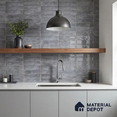 Minimalist bathroom walkthrough with grey subway wall tiles and light wood floor tile