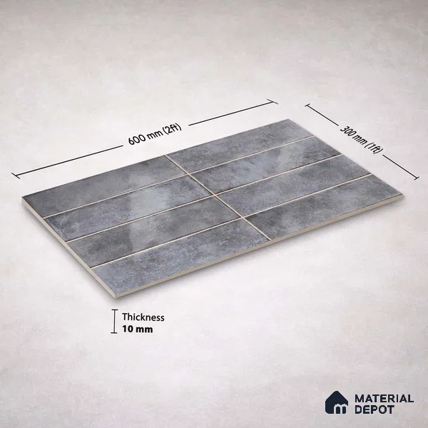 Faux Subway Wall Tile TL 11234 Titan Slate 2 ft x 1 ft Ceramic Glossy Finish Tile - 9 mm | Suitable For Bathroom, Dining Area, Kitchen Backsplash