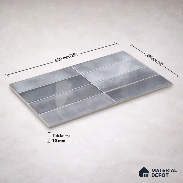 Faux Subway Wall Tile TL 11228 Silver Mist 2 ft x 1 ft Ceramic Glossy Finish Tile - 9 mm | Suitable For Bathroom, Dining Area, Kitchen Backsplash