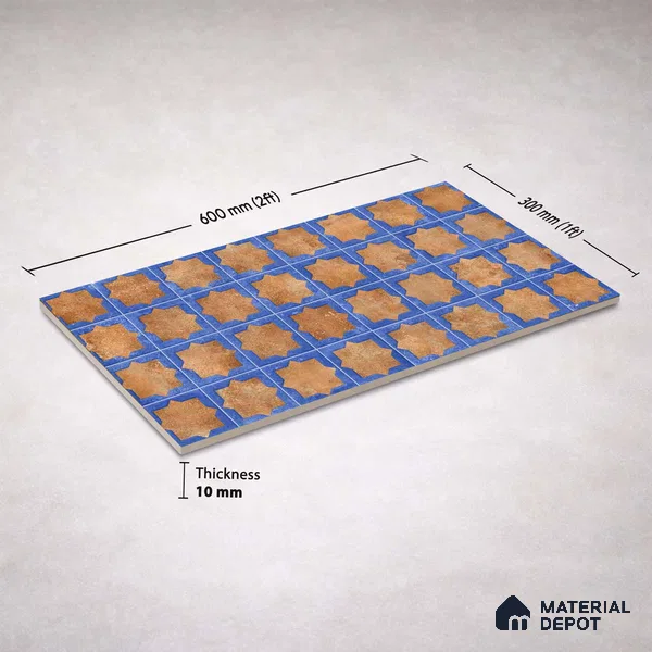 Patterned Wall Tile TL 11269 Cobalt Starburst 2 ft x 1 ft Ceramic Granulla Finish Tile - 9 mm | Suitable For Bathroom, Balcony & Kitchen Backsplash