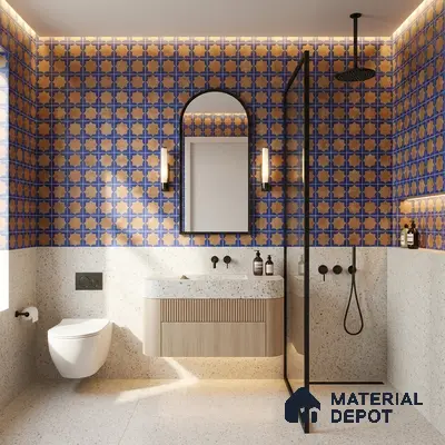 Modern bathroom walkthrough with blue and terracotta patterned wall tiles and terrazzo floor