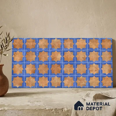 Patterned Wall Tile TL 11269 Cobalt Starburst 2 ft x 1 ft Ceramic Granulla Finish Tile - 9 mm | Suitable For Bathroom, Balcony & Kitchen Backsplash