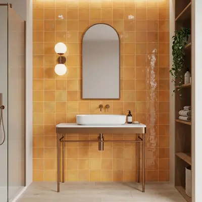 Modern kitchen walkthrough with terracotta square wall tiles, peach laminate cabinets, and white quartz countertop