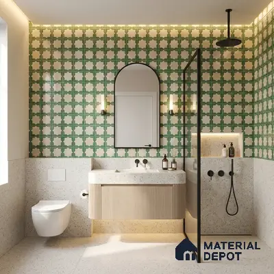 Modern bathroom with green geometric wall tiles and terrazzo floor and wall tiles