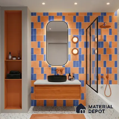 Modern bathroom walkthrough with orange and blue geometric wall tiles, terrazzo floor, and wood vanity