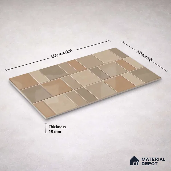 Faux Subway Wall Tile TL 11241 Sand Mosaic 2 ft x 1 ft Ceramic Glossy Finish Tile - 9 mm | Suitable For Bathroom, Basin Area, Kitchen Backsplash